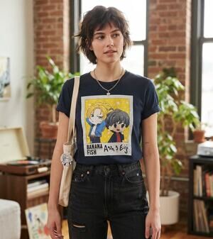 Banana Fish Anime T-Shirt Small Ash & Eiji Chibi Graphic Black Cotton Tee